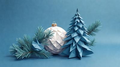 The primary subject of the image is a white Christmas ornament, which is placed in front of a blue tree. The setting is a blue background, and the visual style appears to be a combination of digital art and illustration. The ornament is the main focus of the image, and the overall atmosphere is festive and joyful.